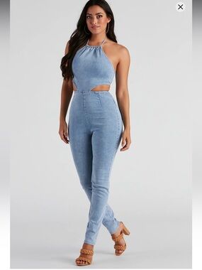 Windsor Time For The Weekend Catsuit Light denim Halter Cutout Jumpsuit size S